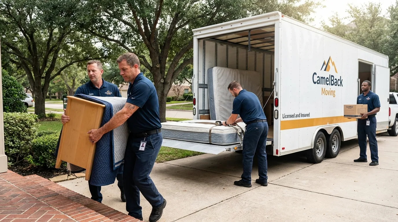 Crew loading residential truck for cross-state move from Roscoe, TX