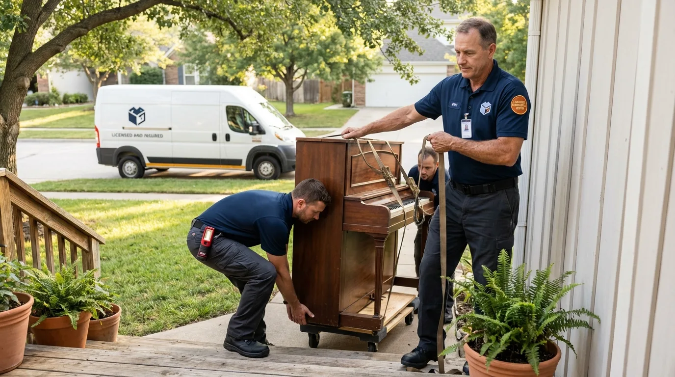 Licensed piano movers securing grand piano in Roscoe, TX