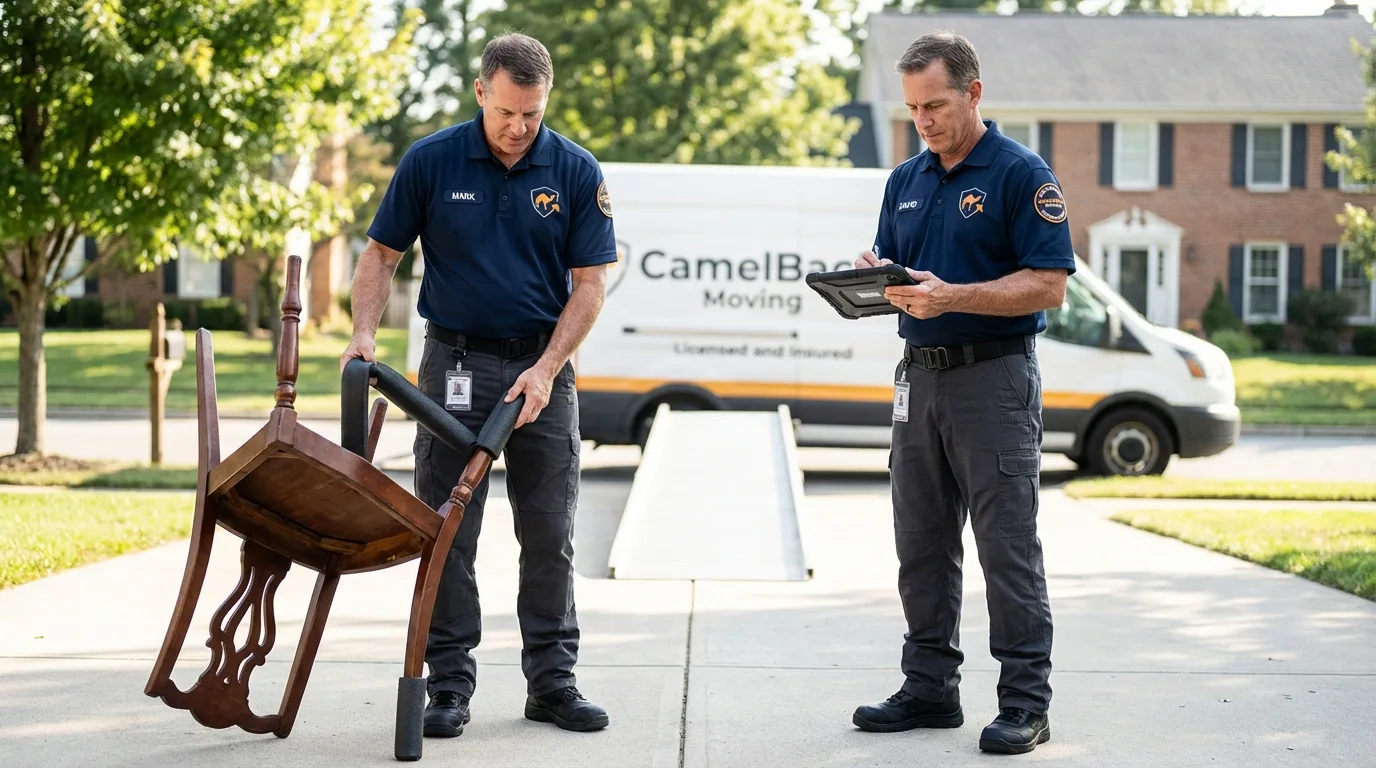 Movers inspecting furniture for damage prevention before loading in Roscoe, TX