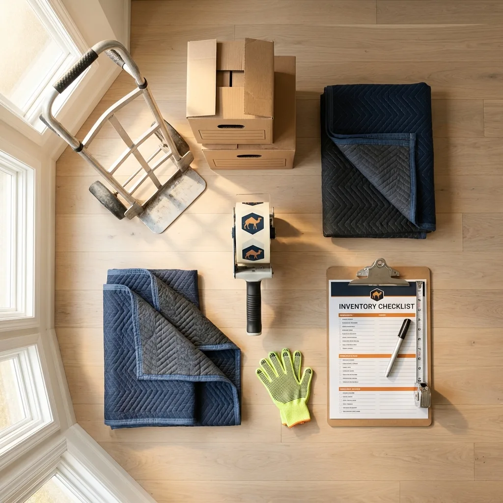 Professional moving supplies and packing materials layout for Roscoe residential relocations